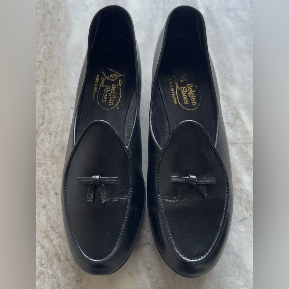 Belgian Shoes Travelette Slipper Black Calf Leather Loafer 6 Flats Bow